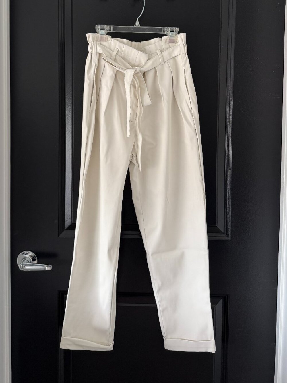 ALYA Elegant Cream Faux Leather Paperbag Waist Pants with Tie Belt Detail